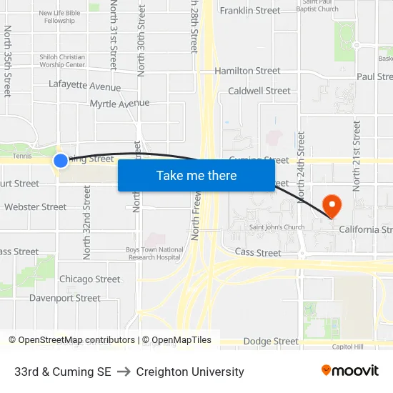 33rd & Cuming SE to Creighton University map