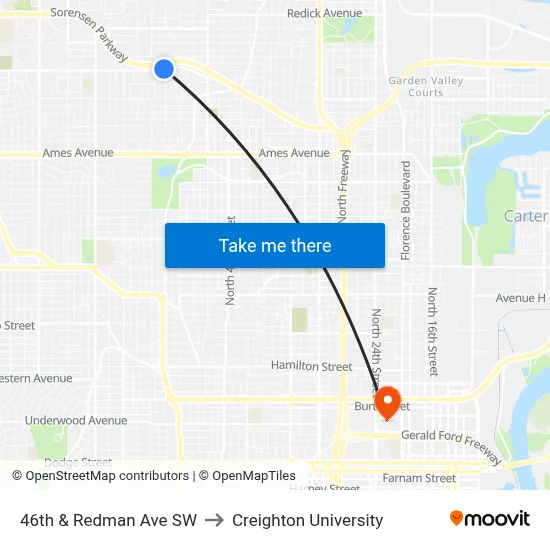 46th & Redman Ave SW to Creighton University map
