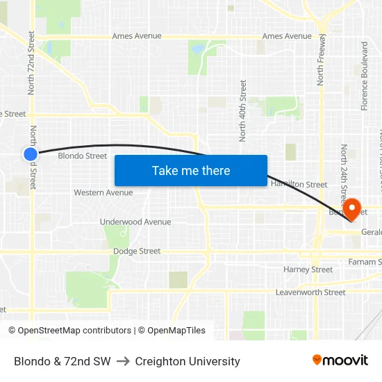 Blondo & 72nd SW to Creighton University map