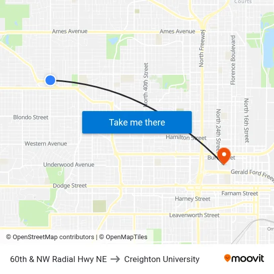 60th & NW Radial Hwy NE to Creighton University map