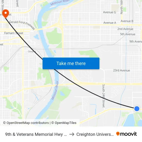 9th & Veterans Memorial Hwy NE to Creighton University map