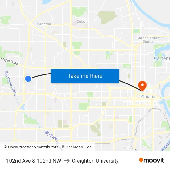 102nd Ave & 102nd NW to Creighton University map