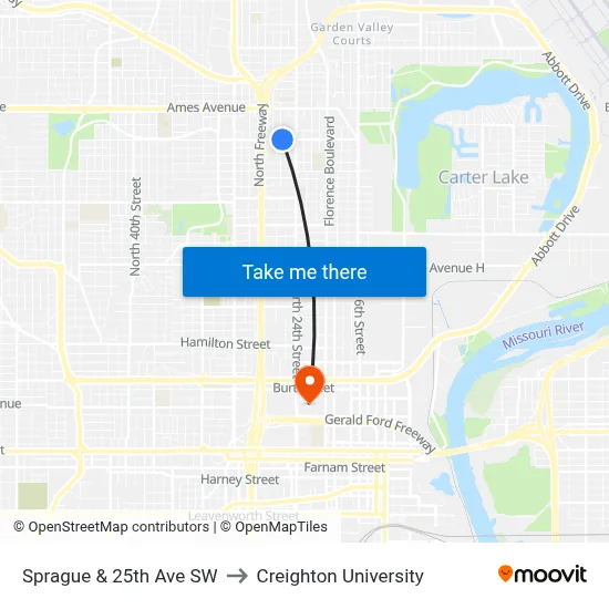 Sprague & 25th Ave SW to Creighton University map