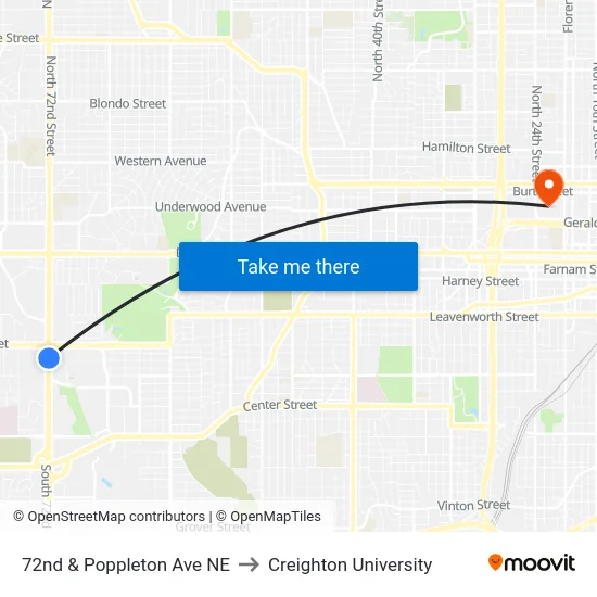 72nd & Poppleton Ave NE to Creighton University map