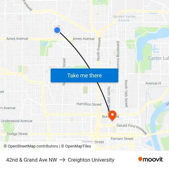 42nd & Grand Ave NW to Creighton University map