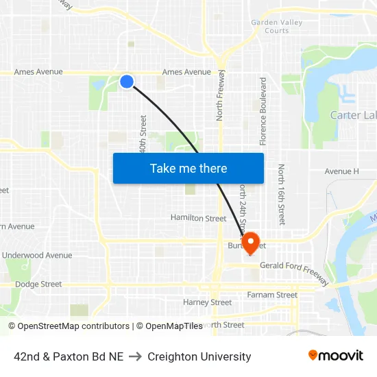 42nd & Paxton Bd NE to Creighton University map