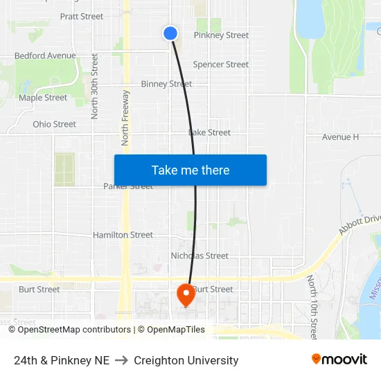 24th & Pinkney NE to Creighton University map