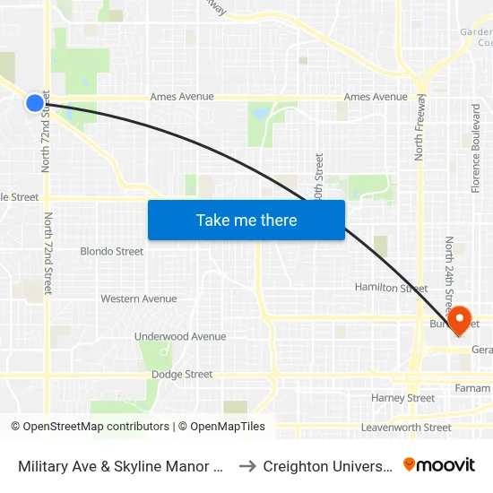 Military Ave & Skyline Manor MB to Creighton University map