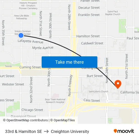 33rd & Hamilton SE to Creighton University map