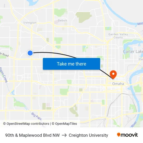 90th & Maplewood Blvd NW to Creighton University map