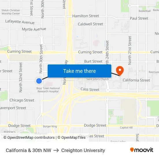 California & 30th NW to Creighton University map
