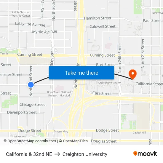 California & 32nd NE to Creighton University map