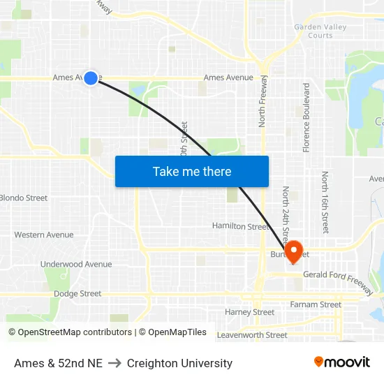 Ames & 52nd NE to Creighton University map