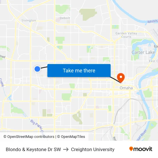Blondo & Keystone Dr SW to Creighton University map
