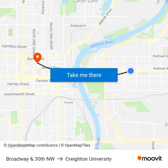 Broadway & 30th NW to Creighton University map