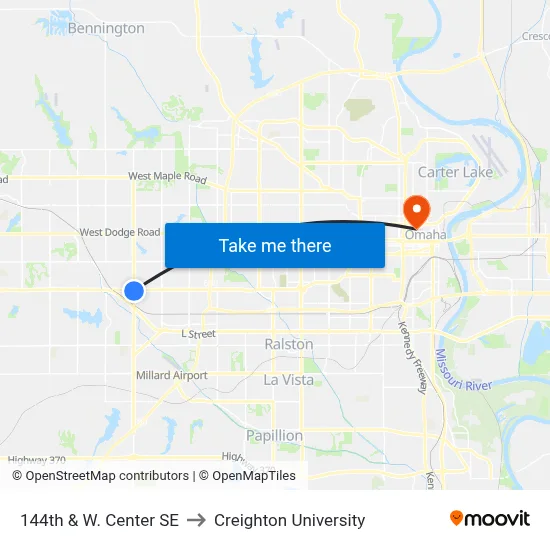 144th & W. Center SE to Creighton University map
