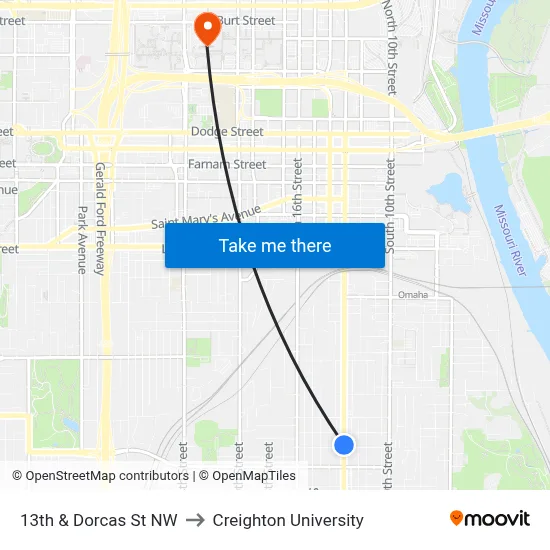 13th & Dorcas St NW to Creighton University map