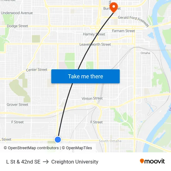 L St & 42nd SE to Creighton University map