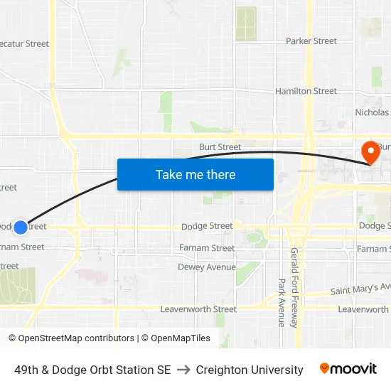 49th & Dodge Orbt Station SE to Creighton University map