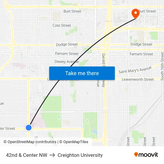 42nd & Center NW to Creighton University map