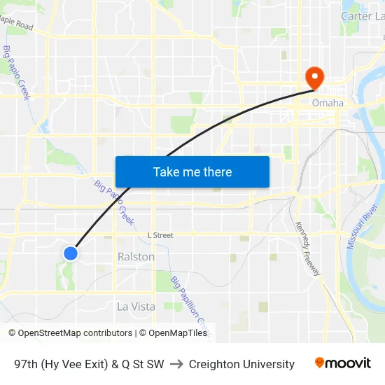 97th (Hy Vee Exit) & Q St SW to Creighton University map