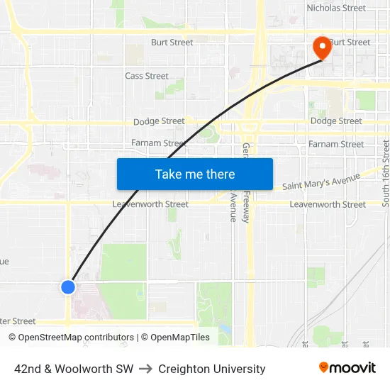 42nd & Woolworth SW to Creighton University map