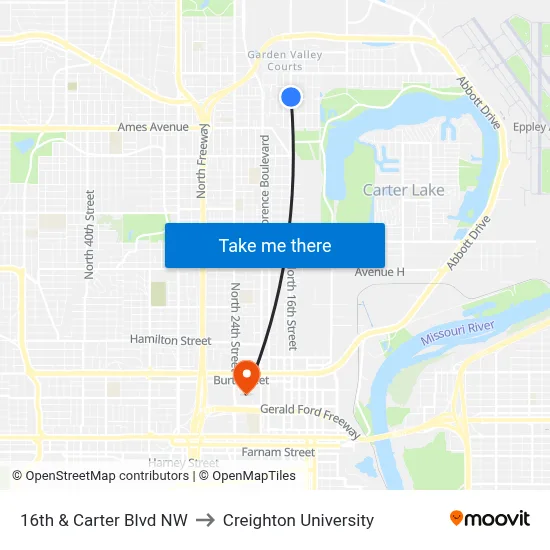 16th & Carter Blvd NW to Creighton University map