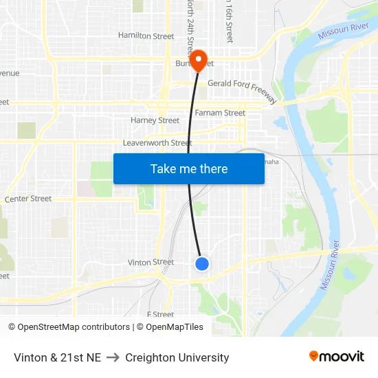 Vinton & 21st NE to Creighton University map