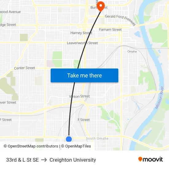 33rd & L St SE to Creighton University map