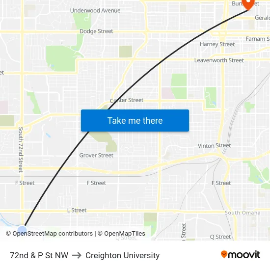 72nd & P St NW to Creighton University map