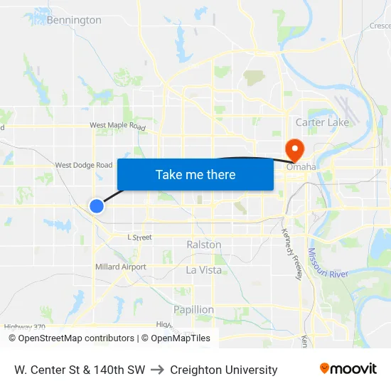 W. Center St & 140th SW to Creighton University map