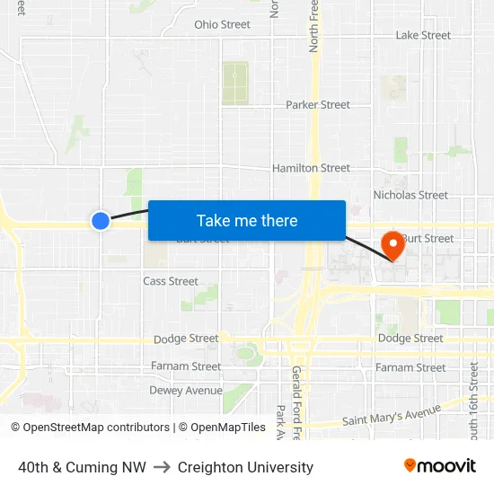 40th & Cuming NW to Creighton University map
