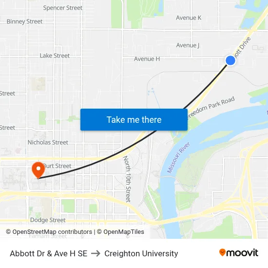 Abbott Dr & Ave H SE to Creighton University map