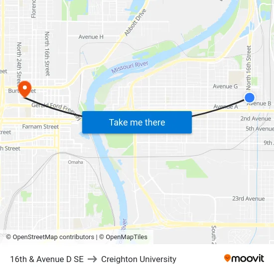 16th & Avenue D SE to Creighton University map
