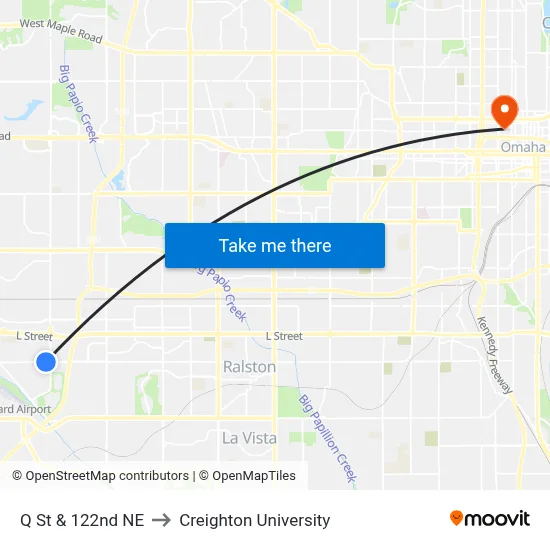 Q St & 122nd NE to Creighton University map