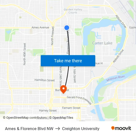 Ames & Florence Blvd NW to Creighton University map