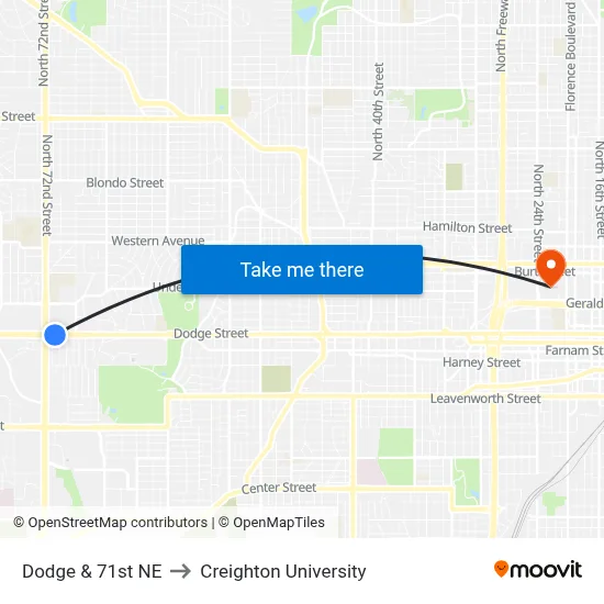 Dodge & 71st NE to Creighton University map