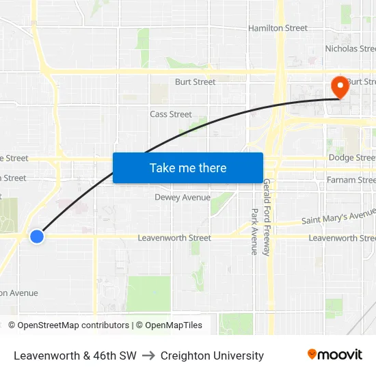 Leavenworth & 46th SW to Creighton University map