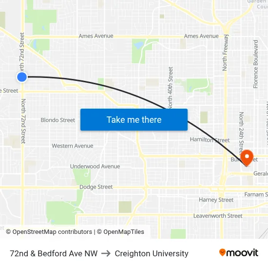 72nd & Bedford Ave NW to Creighton University map