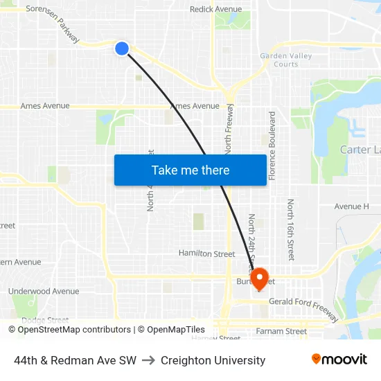 44th & Redman Ave SW to Creighton University map