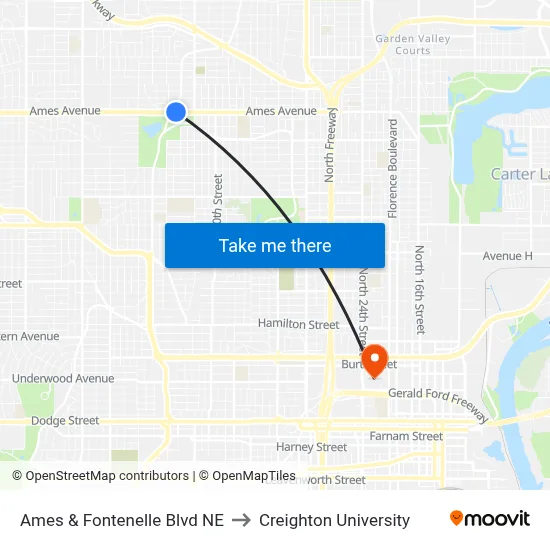 Ames & Fontenelle Blvd NE to Creighton University map