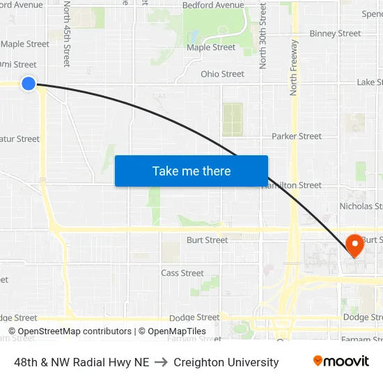 48th & NW Radial Hwy NE to Creighton University map