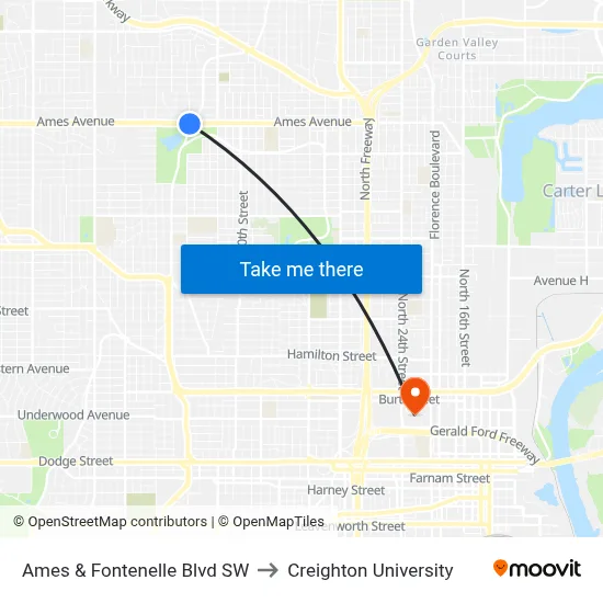 Ames & Fontenelle Blvd SW to Creighton University map