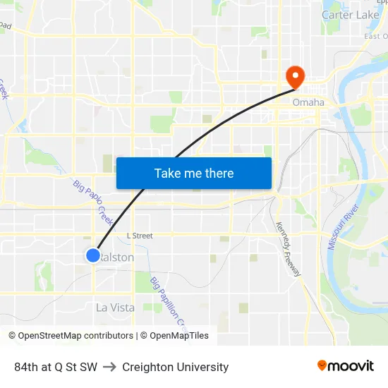 84th at Q St SW to Creighton University map