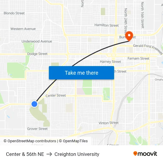 Center & 56th NE to Creighton University map