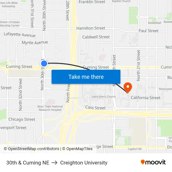 30th & Cuming NE to Creighton University map