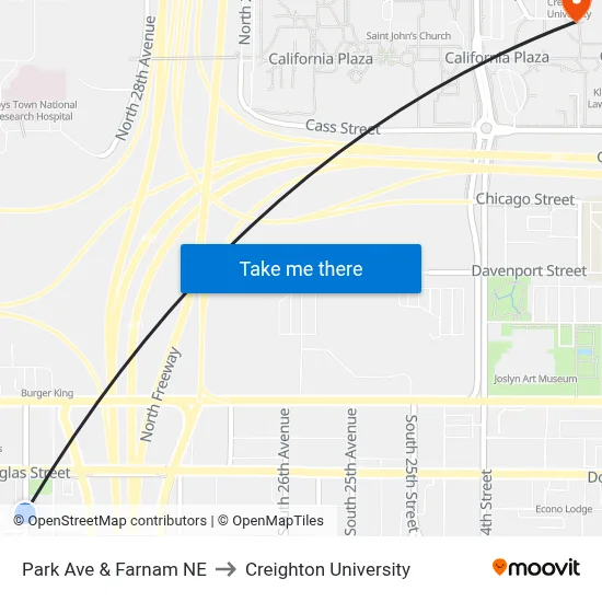 Park Ave & Farnam NE to Creighton University map