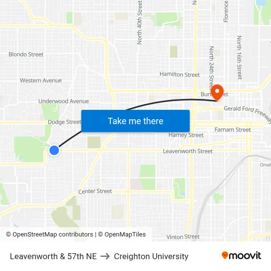 Leavenworth & 57th NE to Creighton University map