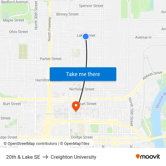 20th & Lake SE to Creighton University map