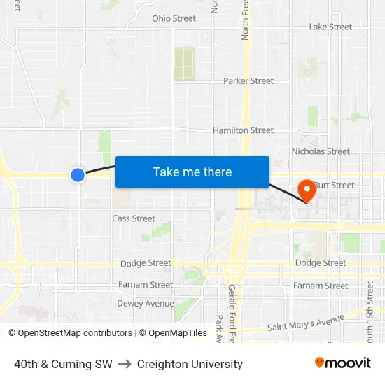 40th & Cuming SW to Creighton University map